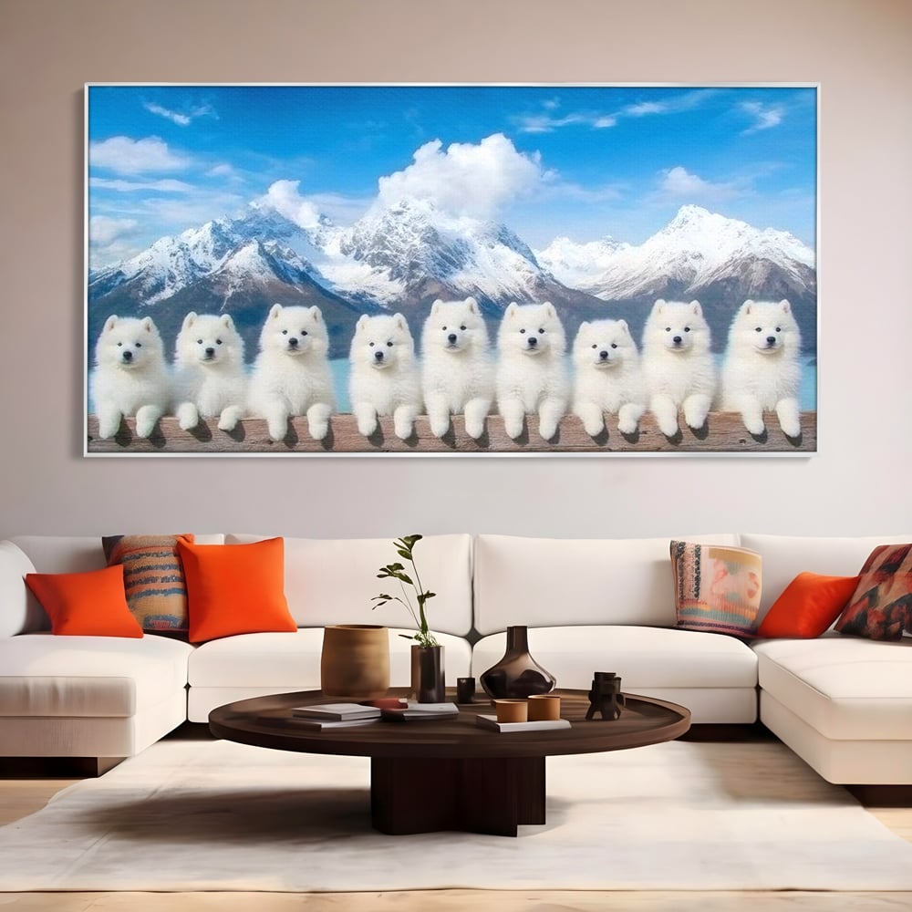 Tablou canvas cu tablou canvas cu sapte catei pe munti, in rama de aluminiu argintiu, pe perete intr-un living